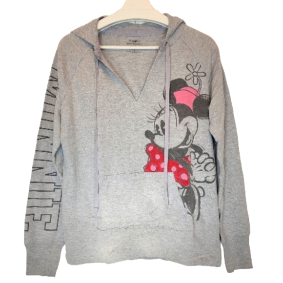 DISNEY PARKS Minnie Mouse Graphic Hoodie Top Grey Cotton Women Large V Neck Soft - Picture 1 of 12